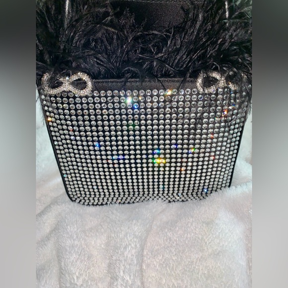 Mach & Mach Crystal & Feather Trim Satin Bag (Black) - Picture 7 of 13